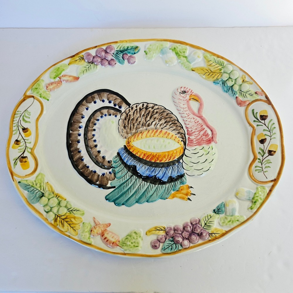 Vintage Nasco Italy Turkey Platter Hand Painted Ceramic Harvest Thanksgiving 20"